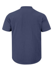 Navy blue cotton short sleeve henley shirt with band collar