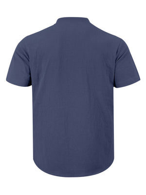 Navy blue cotton short sleeve henley shirt with band collar