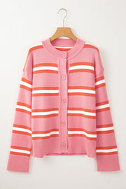Pink striped knit cardigan with button front and crew neck.