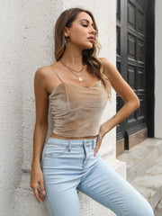 Velvet bustier crop top in tan with ruched detail and sweetheart neckline.