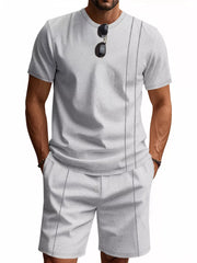 Light gray waffle-knit two-piece set with crew neck t-shirt and shorts.