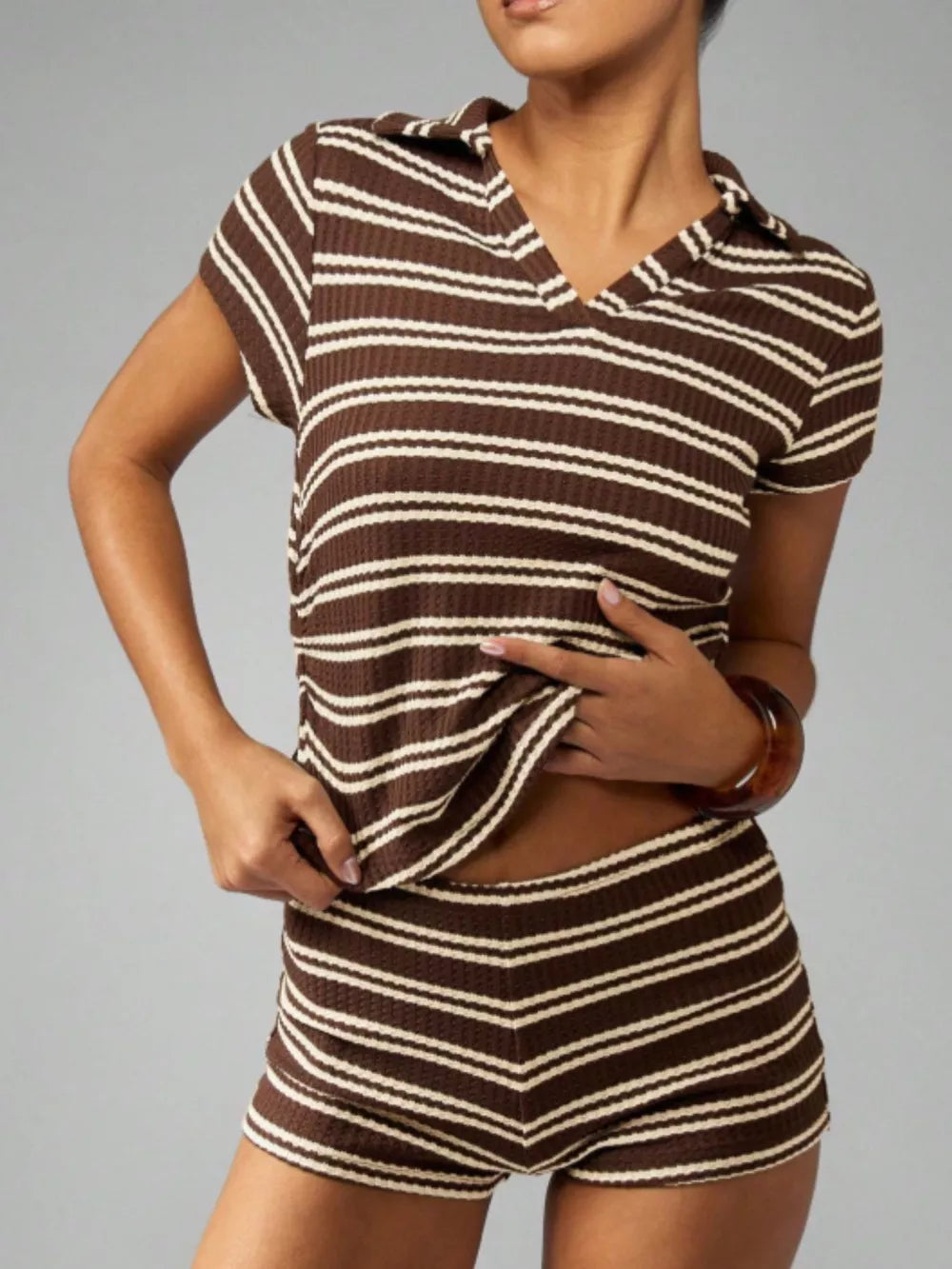 Chic striped knit two-piece set in Coffee Stripes with collared short sleeve top and shorts.