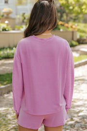 Chic monochrome matching set in Moonlit Mauve with vertical ribbed texture.