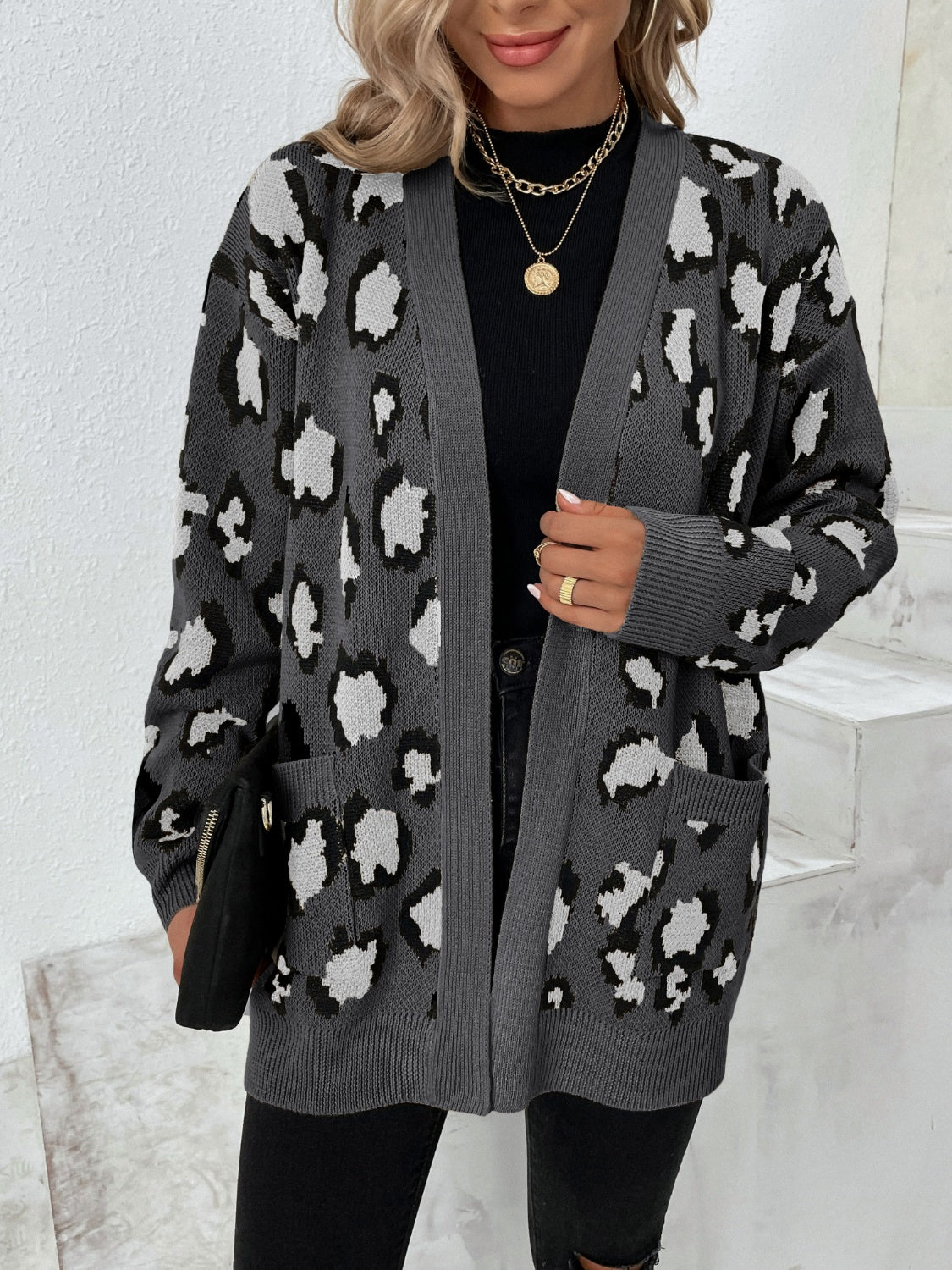 Dark Gray leopard print knit open-front cardigan with pockets.