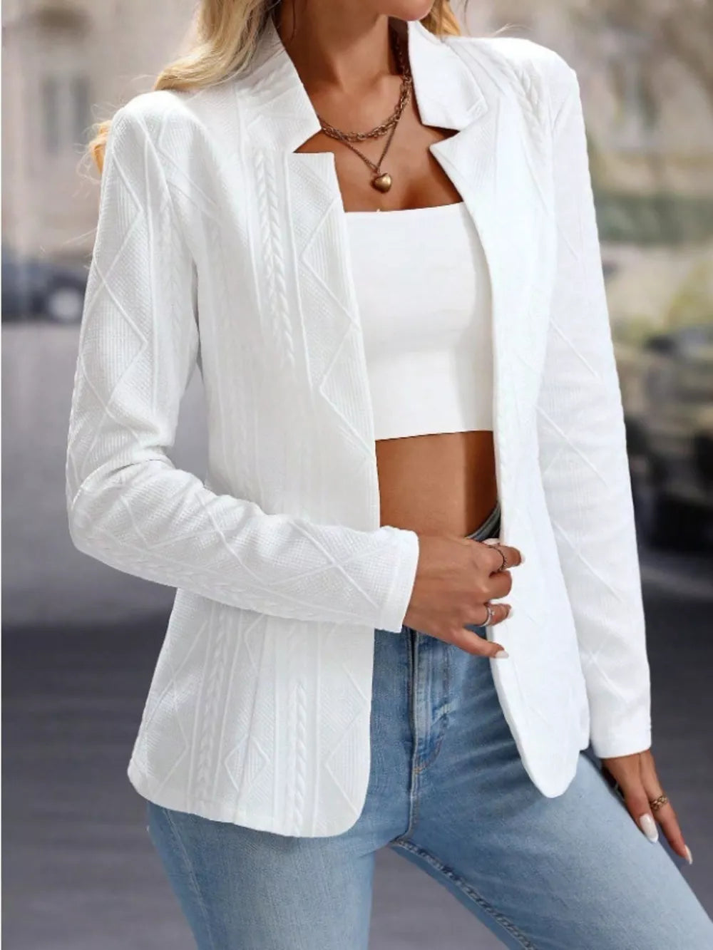 Textured Open Front Blazer in White, close-up detail