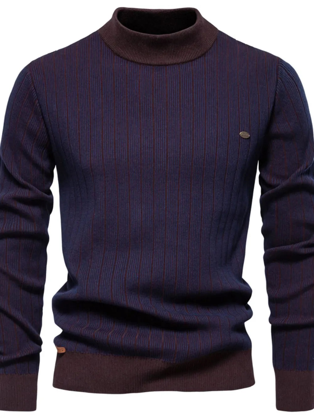 Ribbed stripe mock neck pullover sweater in navy with brown accents and vertical stripes.