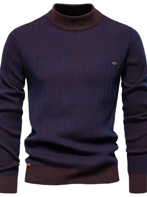 Ribbed stripe mock neck pullover sweater in navy with brown accents and vertical stripes.
