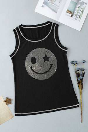 Black tank top with rhinestone smiley face and star detail, white contrast stitching.