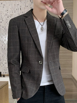Men's mocha plaid sport jacket with button closure and notched lapel.