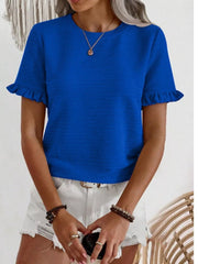 Blue textured t-shirt with ruffle sleeves and crew neck.