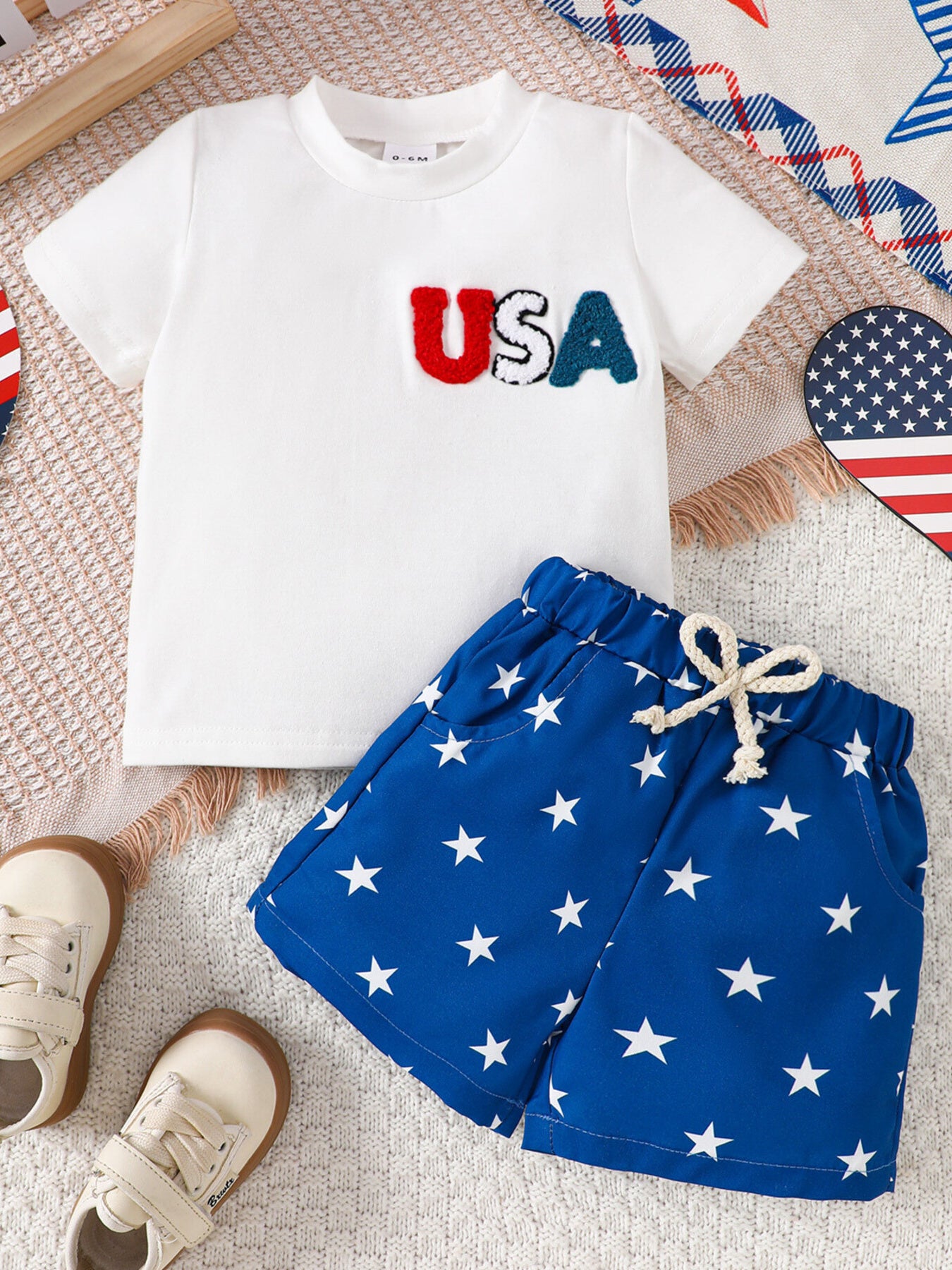 White baby tee with USA applique and blue star print shorts ensemble