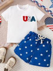 White baby tee with USA applique and blue star print shorts ensemble