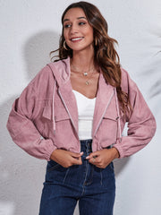 Cropped corduroy hooded jacket in blush pink with zip front and drawstring details