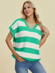 Bold Stripe Cap-Sleeve Knit Top in Turquoise and White, V-neck, relaxed fit