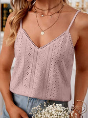 Dusty pink eyelet lace inset cami top with V-neck and scalloped trim.