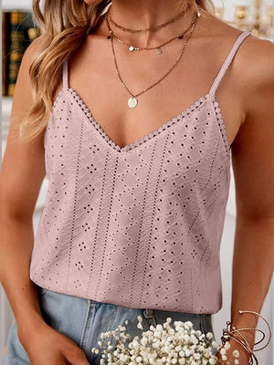 Dusty pink eyelet lace inset cami top with V-neck and scalloped trim.