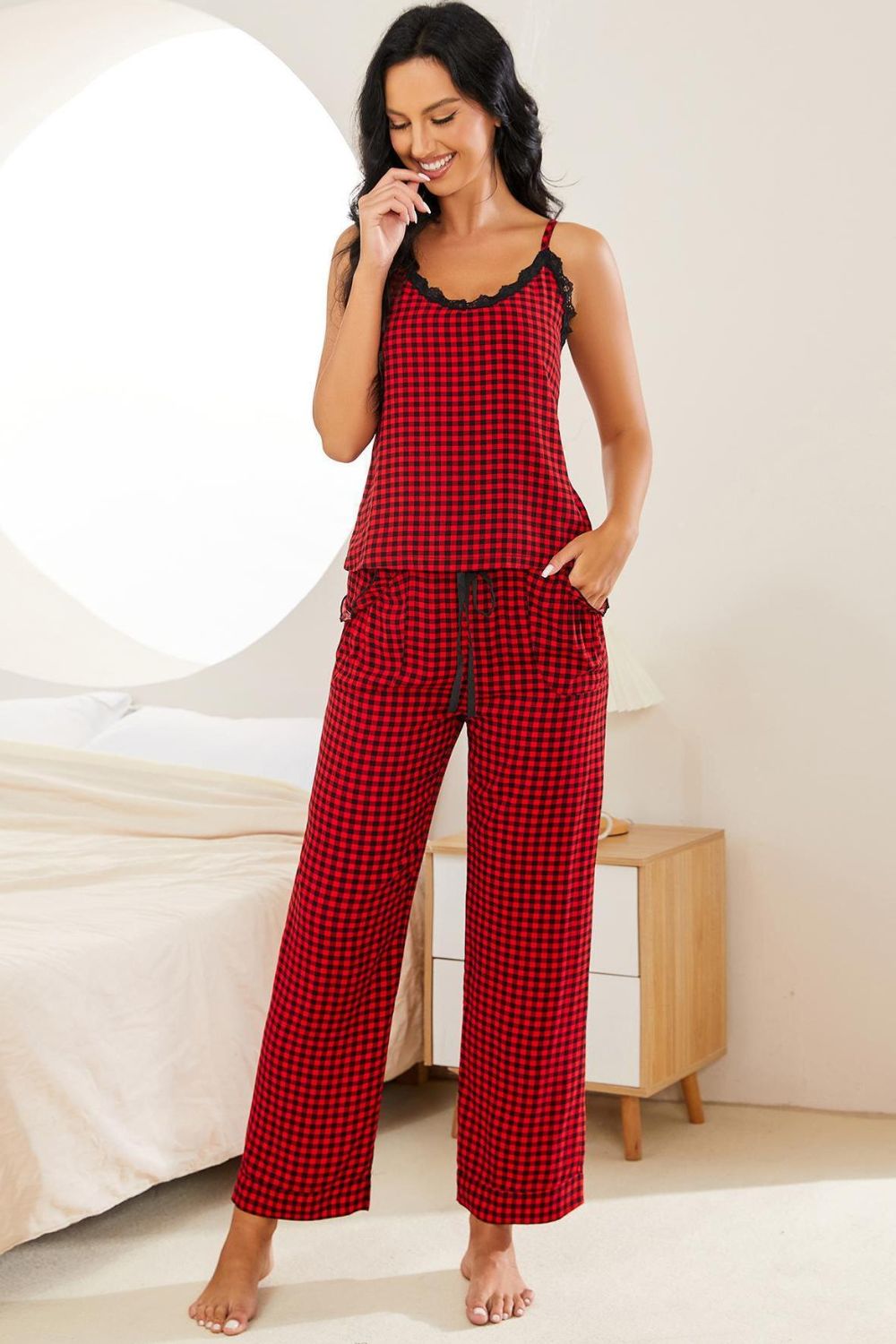 Red and black gingham cami with lace trim and wide leg lounge pants.