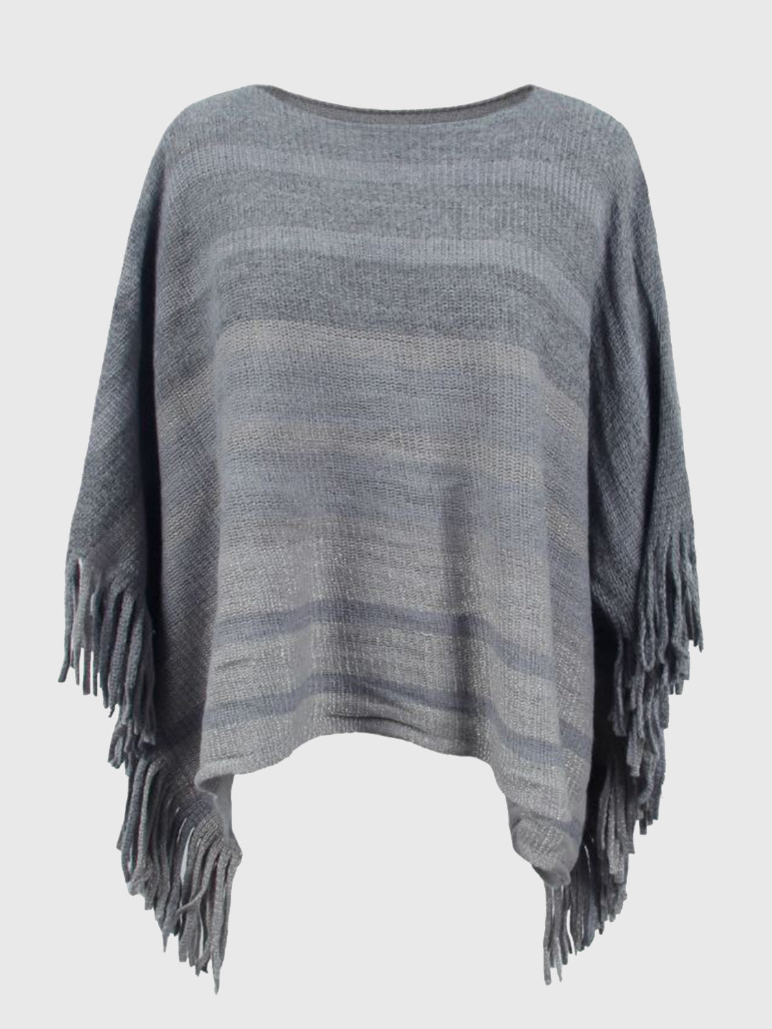 Charcoal striped knit poncho with fringe detail and boat neckline.