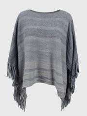 Charcoal striped knit poncho with fringe detail and boat neckline.
