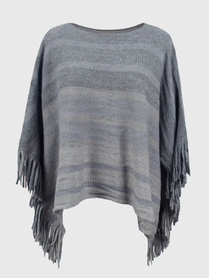 Charcoal striped knit poncho with fringe detail and boat neckline.