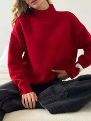 Relaxed mock neck sweater in scarlet, acrylic blend, with long sleeves.