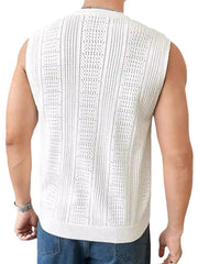 White textured knit sleeveless tank top with open stitch pattern