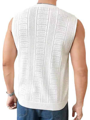 White textured knit sleeveless tank top with open stitch pattern