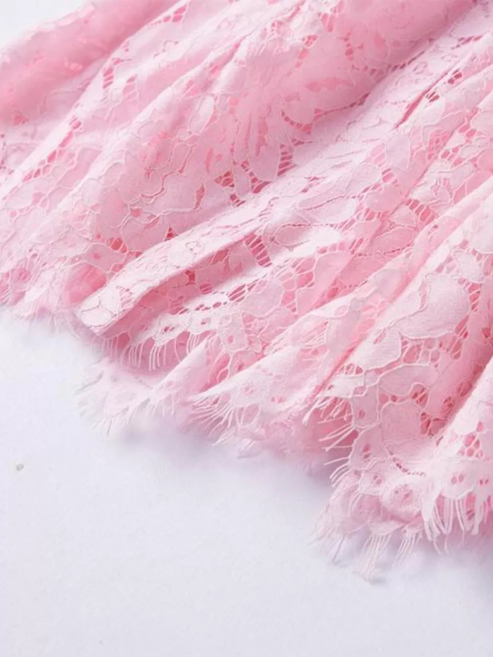 Powder pink floral lace dress with frayed hem detail