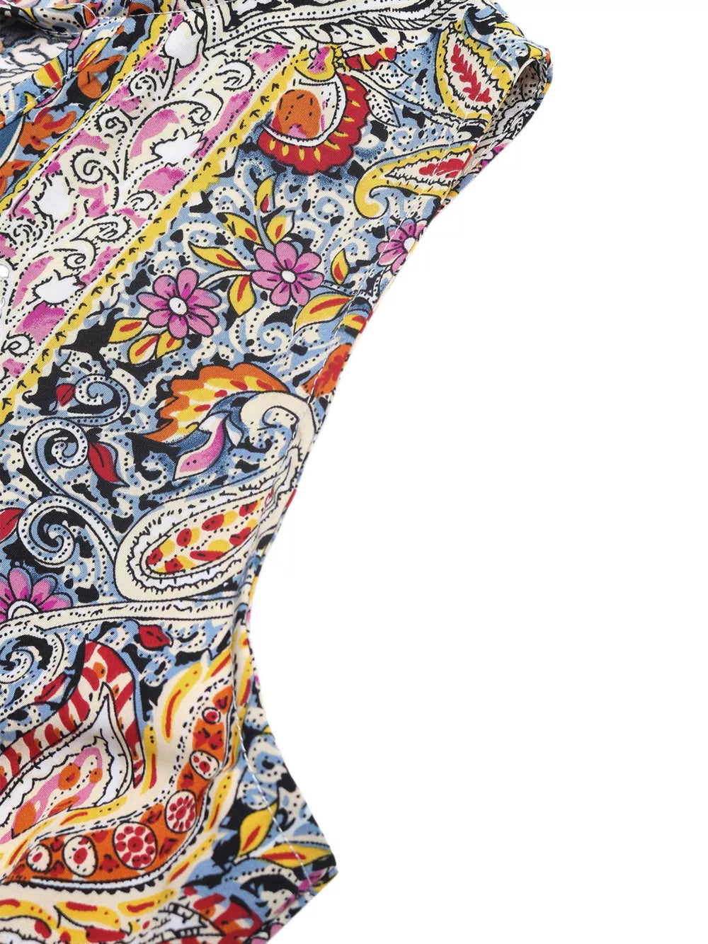 Paisley print midi dress with tie neck and decorative tassels.