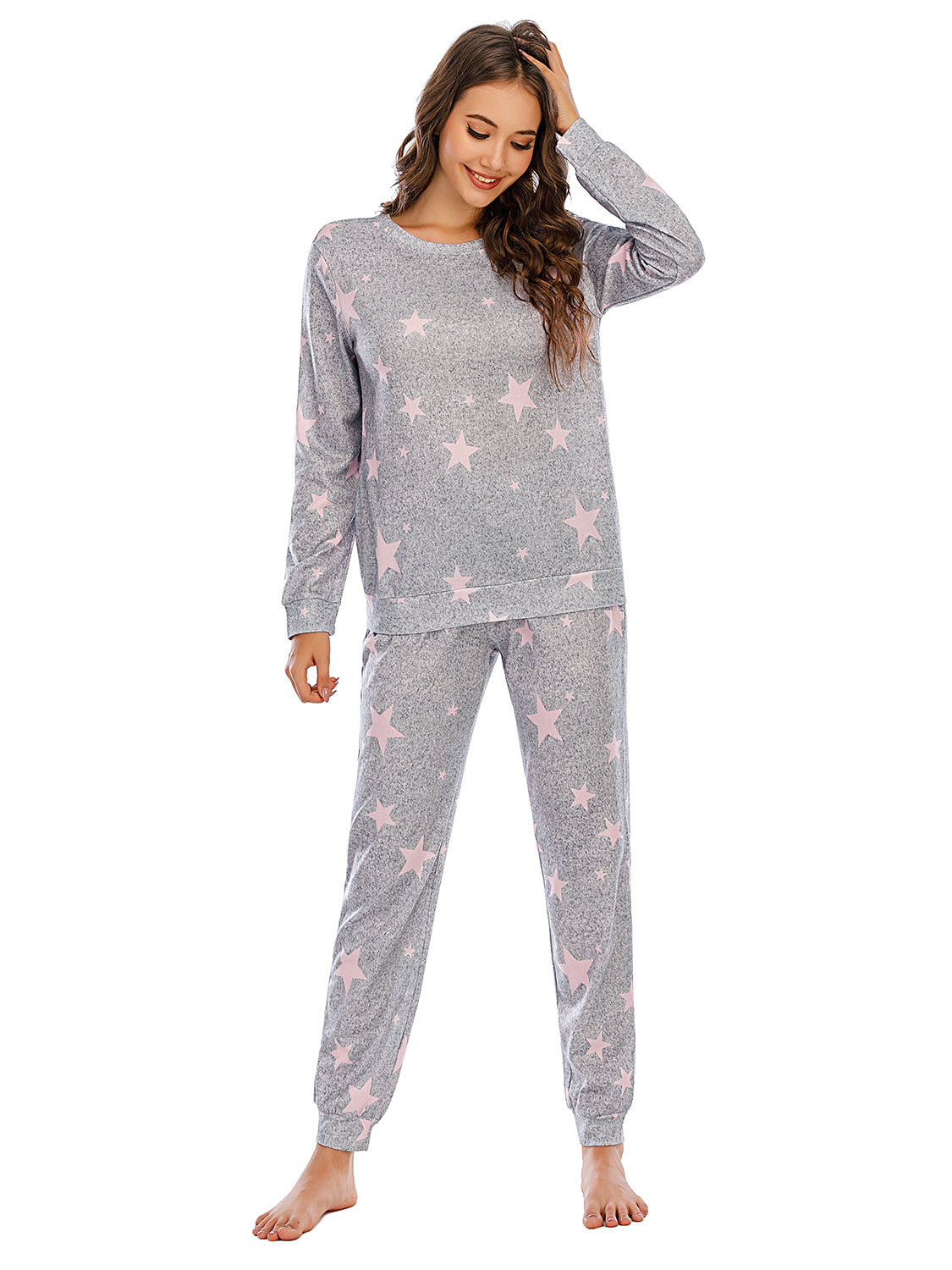 Heather Gray knit loungewear set with pink stars, crewneck top and pants.