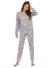Heather Gray knit loungewear set with pink stars, crewneck top and pants.