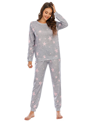 Heather Gray knit loungewear set with pink stars, crewneck top and pants.