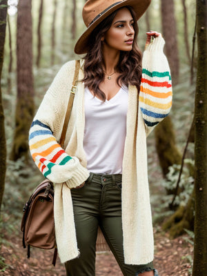 Beige knit duster cardigan with rainbow striped sleeves, open front, long sleeves