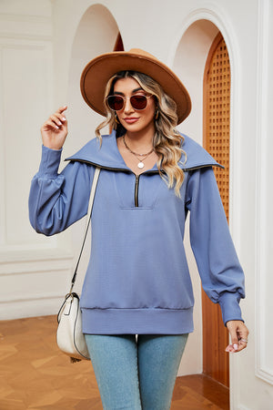 Sky Blue wide collar zip-through sweatshirt with balloon sleeves.