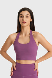 Purple halter neck sports bra with ruched back detail