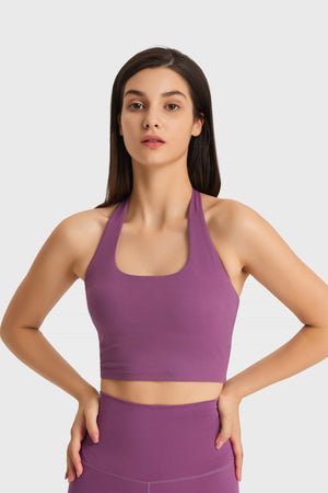 Purple halter neck sports bra with ruched back detail
