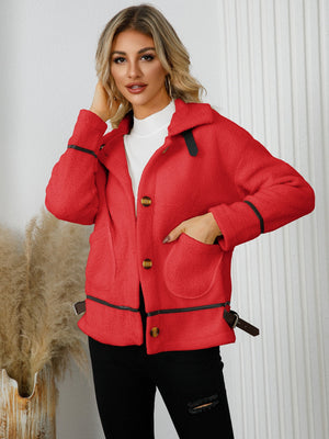 Deep Red teddy-textured jacket with leatherette trim and button closure.