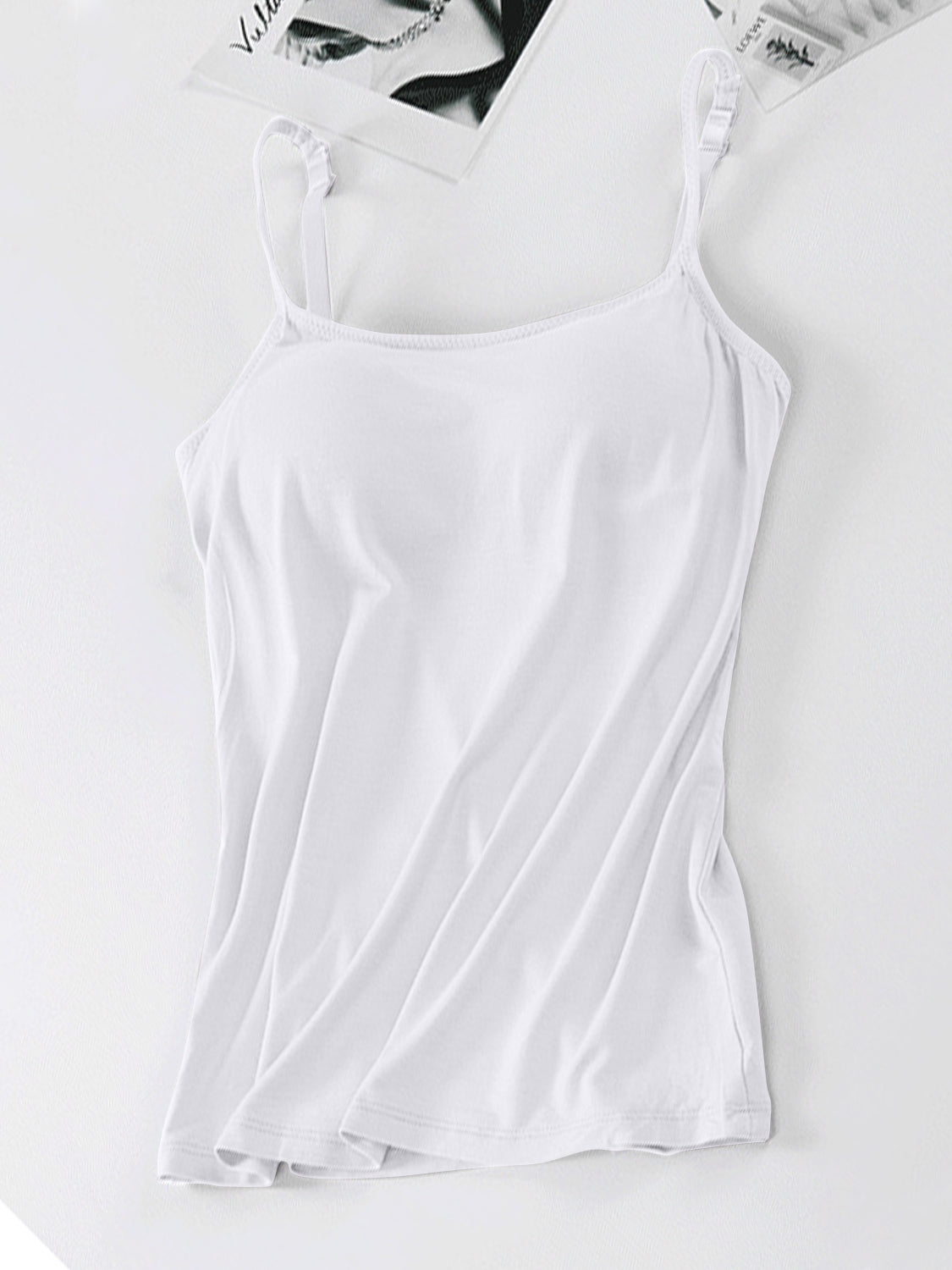 White soft-cup cami with adjustable straps and square neckline