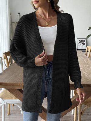 Black ribbed knit dolman sleeve cardigan with open front and long sleeves.