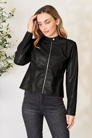 Black faux leather biker jacket with zip front and stand collar.