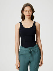 Black sculpted seam tank top with built-in support and scoop neckline.