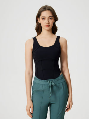 Black sculpted seam tank top with built-in support and scoop neckline.
