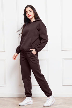 Chocolate relaxed fit hoodie with kangaroo pocket and matching joggers.
