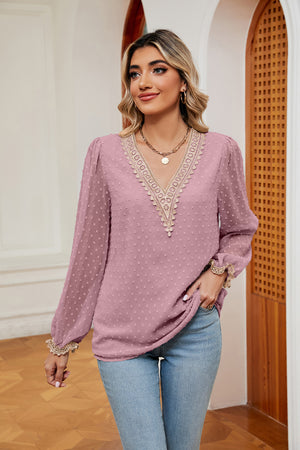 Light Mauve Swiss dot blouse with V-neck lace trim and poet sleeves.