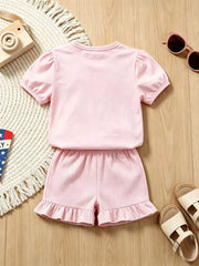 Children's Graphic Round Neck Tee And Shorts Set in Pink, fabric detail