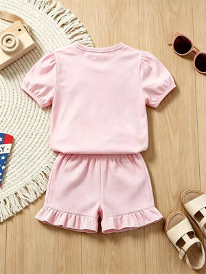Children's Graphic Round Neck Tee And Shorts Set in Pink, fabric detail