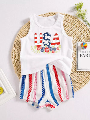 White USA graphic baby tank top and striped shorts set