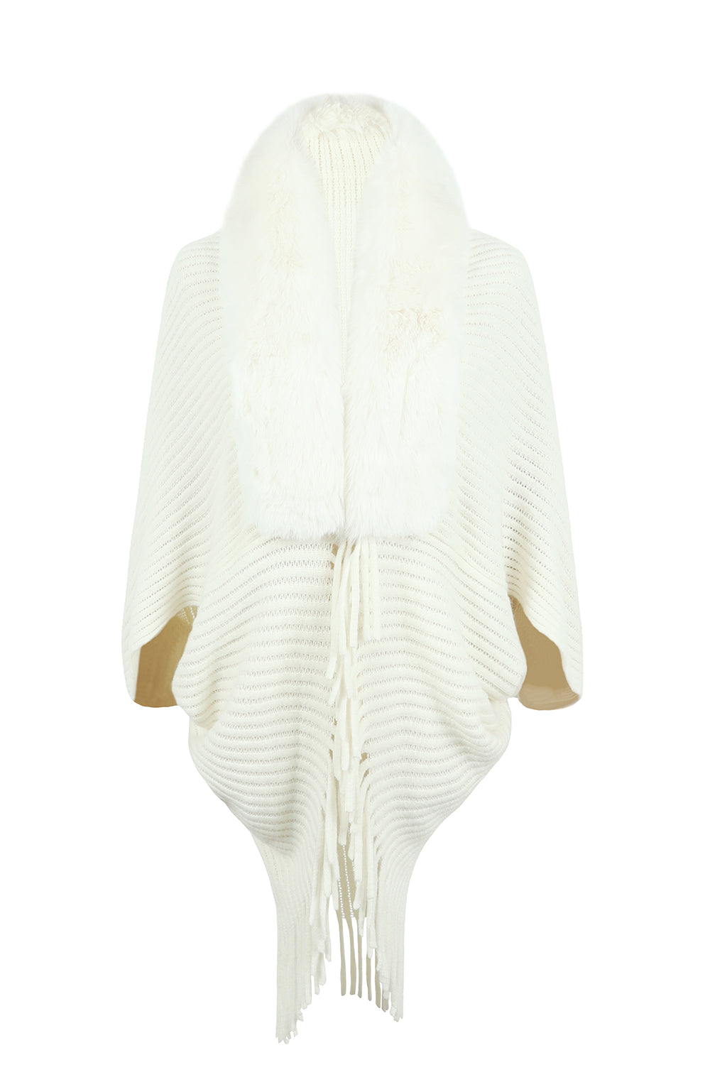 Ivory knit cape with faux fur collar and fringe detail.