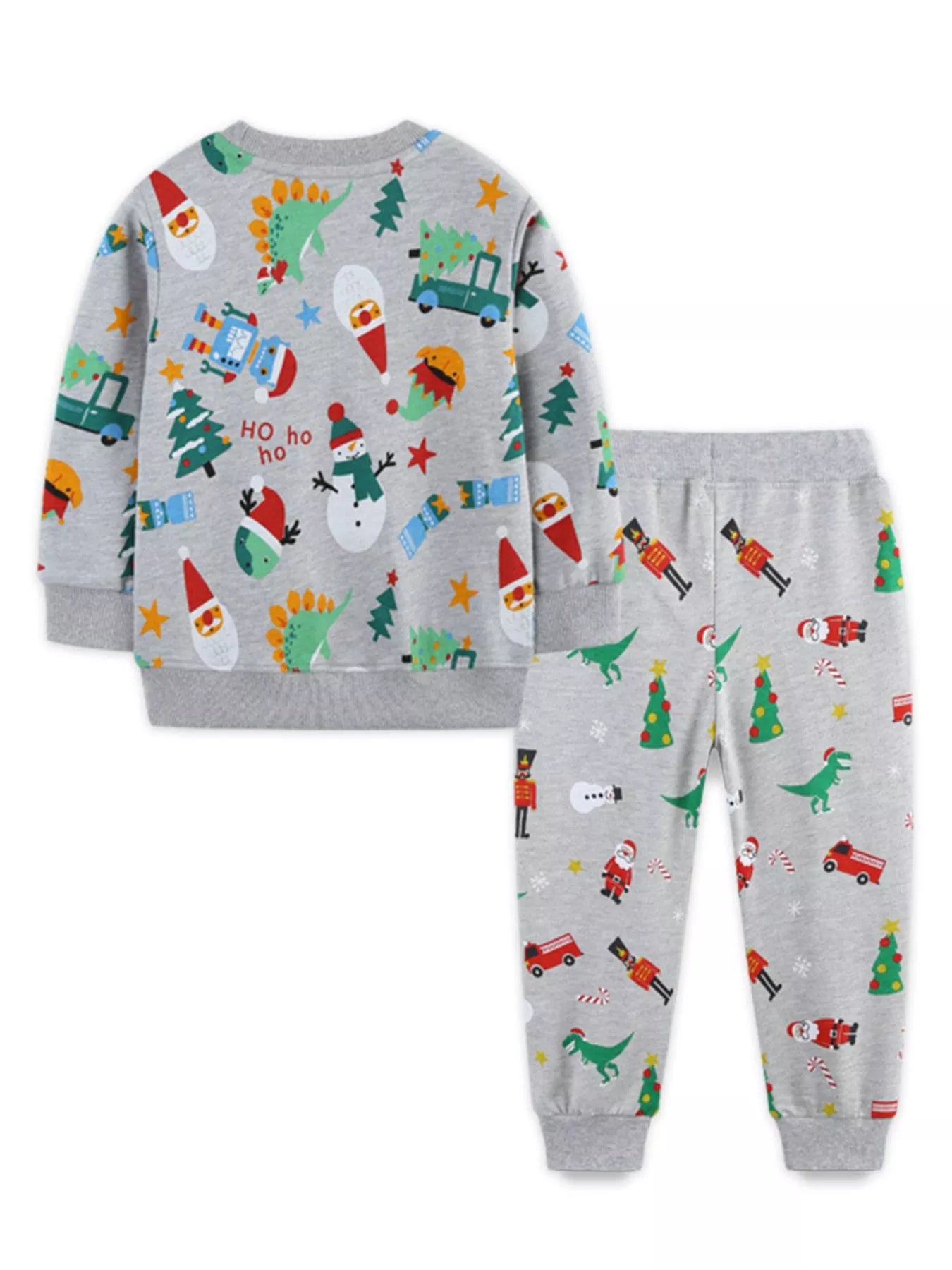 Children's gray cotton Christmas print pajama set with dinosaurs, Santas, snowmen, and nutcrackers.