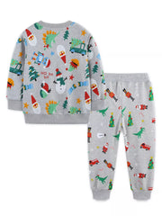 Children's gray cotton Christmas print pajama set with dinosaurs, Santas, snowmen, and nutcrackers.